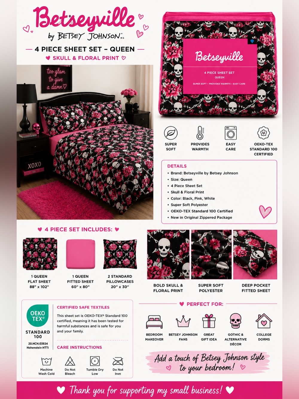 Betseyville by Betsey Johnson Queen 4 Piece Sheet Set Skull Floral Pink Black